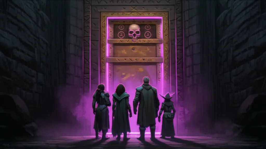 The Nergalite bronze door glows with sinister magical aura, skull of Nergal embossed at the top, pentagrams framing the keyhole